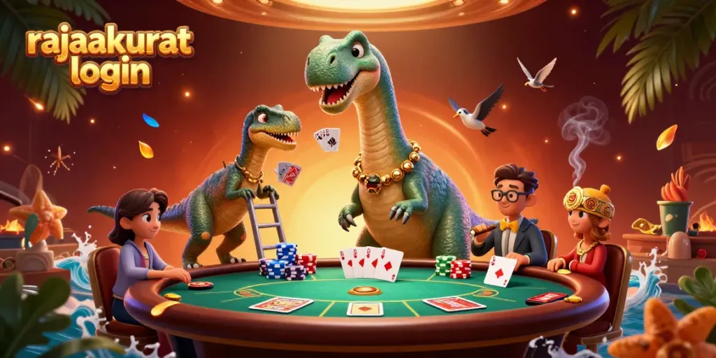 Melihat rajaakurat login dengan brontosaurus dan raptor di meja poker yang ramai.