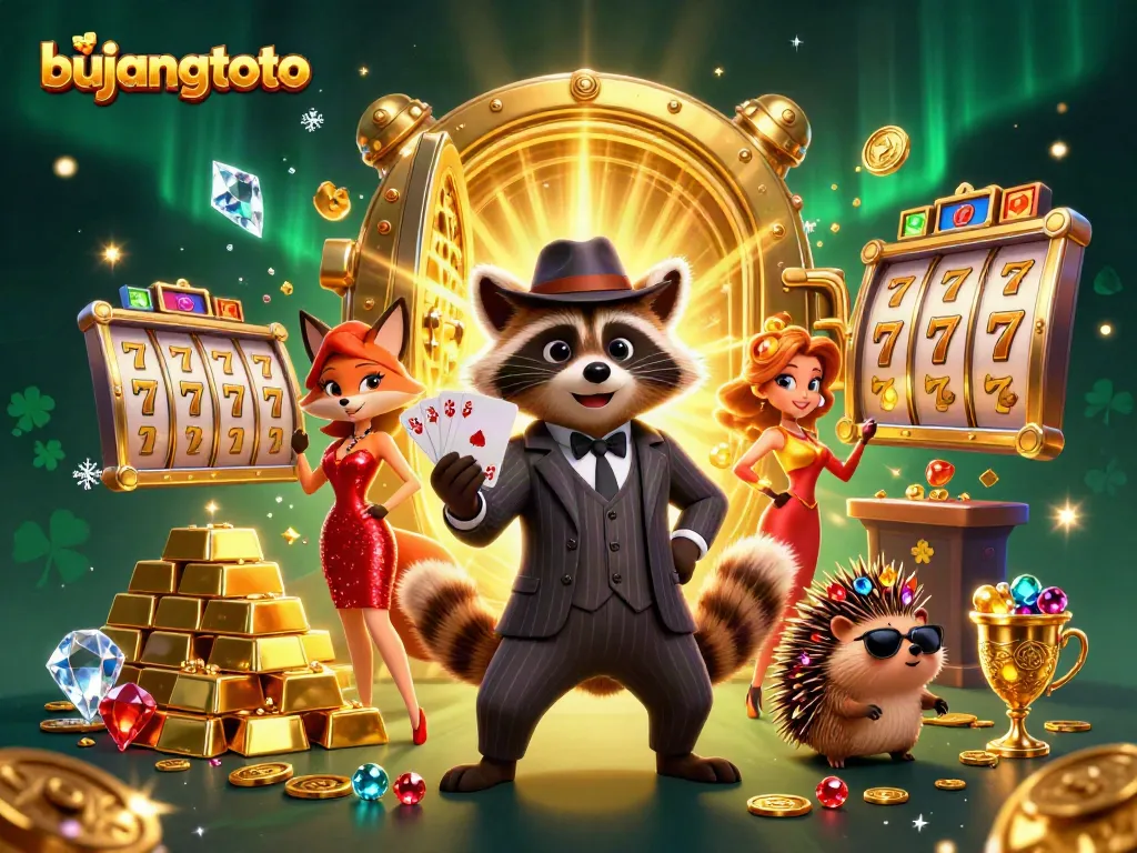 Experience the thrill with bujangtoto as the suave raccoon and friends celebrate their jackpot!