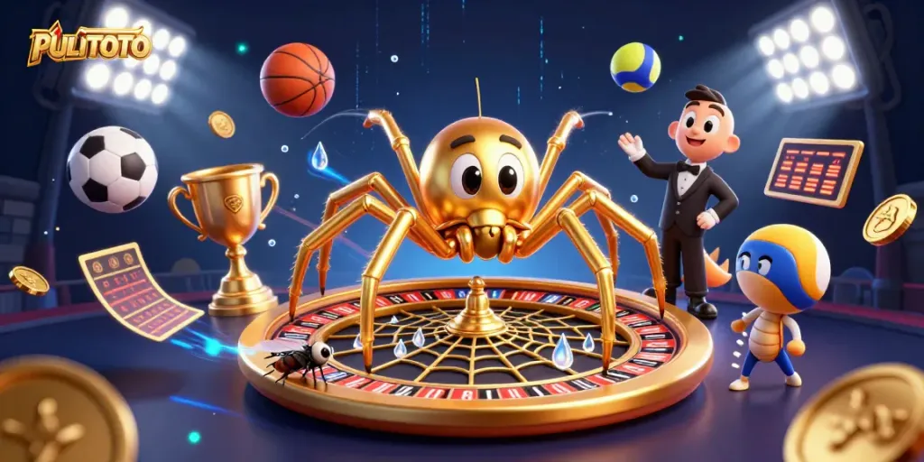 Experience the thrill of betting at PULITOTO with a golden spider spinning a roulette wheel.
