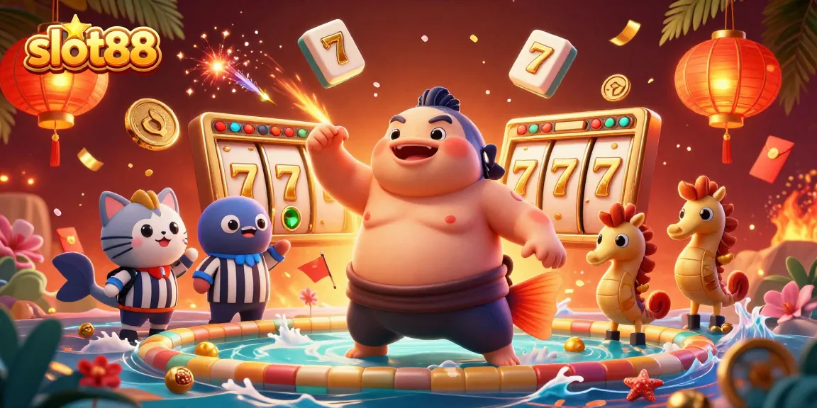 Experience thrilling slot88 gameplay in vibrant 3D, featuring a puffed fugu and lucky symbols.