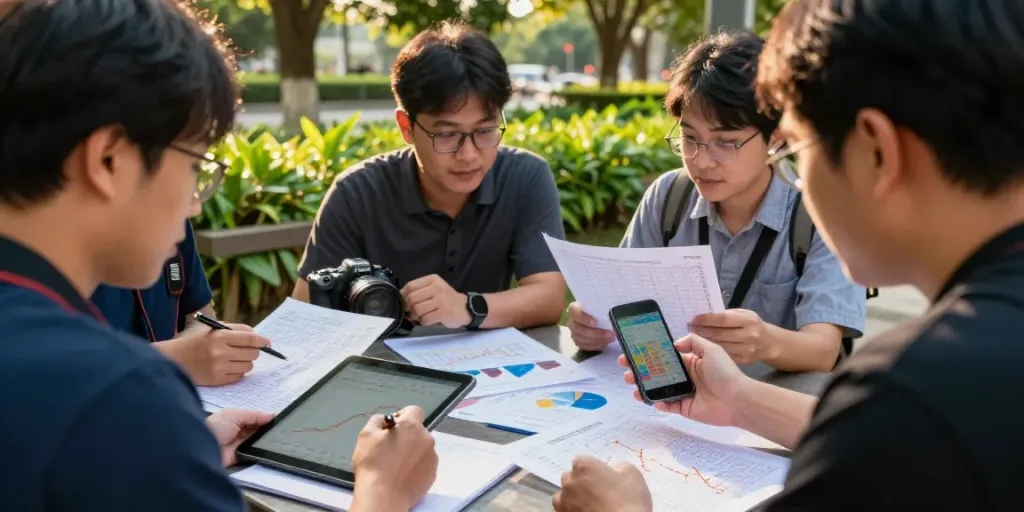Diskusi hasil Data Macau terbaru dengan smartphone dan catatan di lingkungan yang ceria.