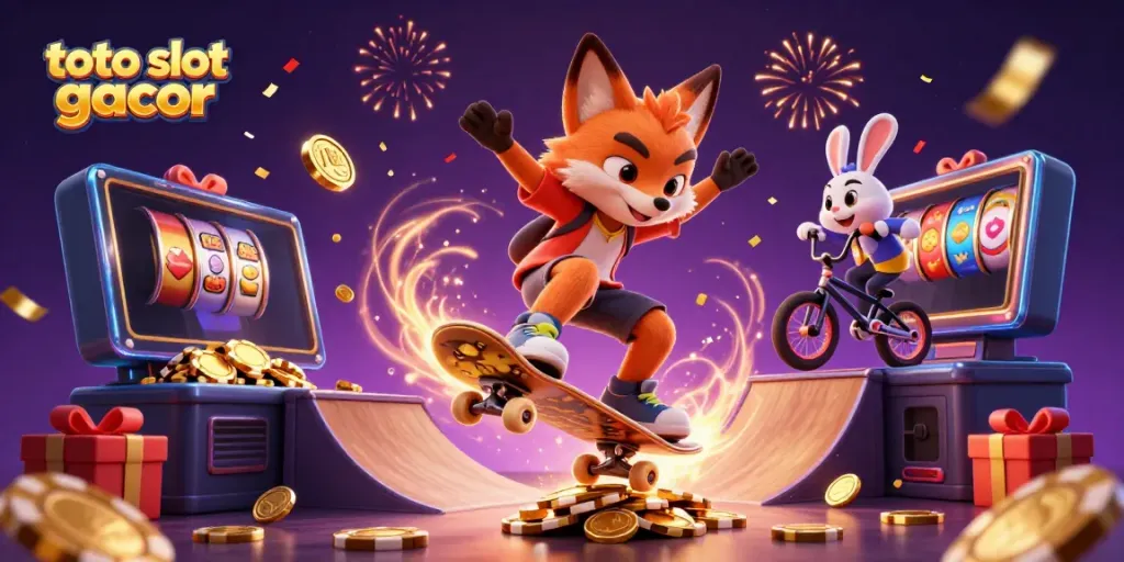 Rasakan keseruan bermain toto slot gacor dengan ilustrasi kasino yang penuh energi dan aksi.