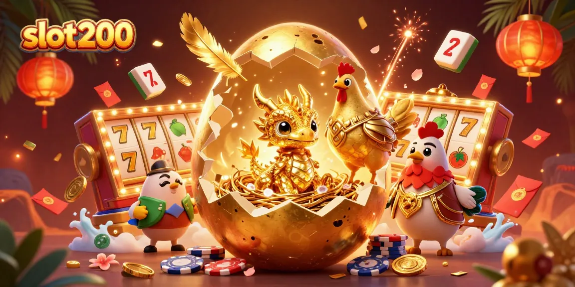 slot200 menghadirkan ilustrasi kasino ceria dengan naga emas di atas chip poker, simbol keberuntungan bertebaran.