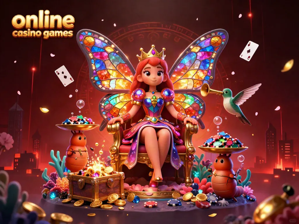 Engage in online casino games with fantasy elements, featuring a butterfly queen and casino treasures.