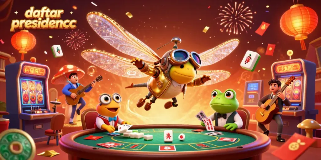 Experience the excitement with daftar presidencc as a dragonfly pilot hovers above a vibrant casino scene.