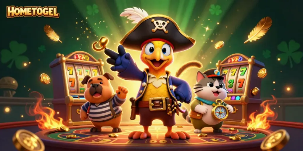 Experience the thrill of HOMETOGEL as characters celebrate jackpots in an exciting casino scene with vibrant details.