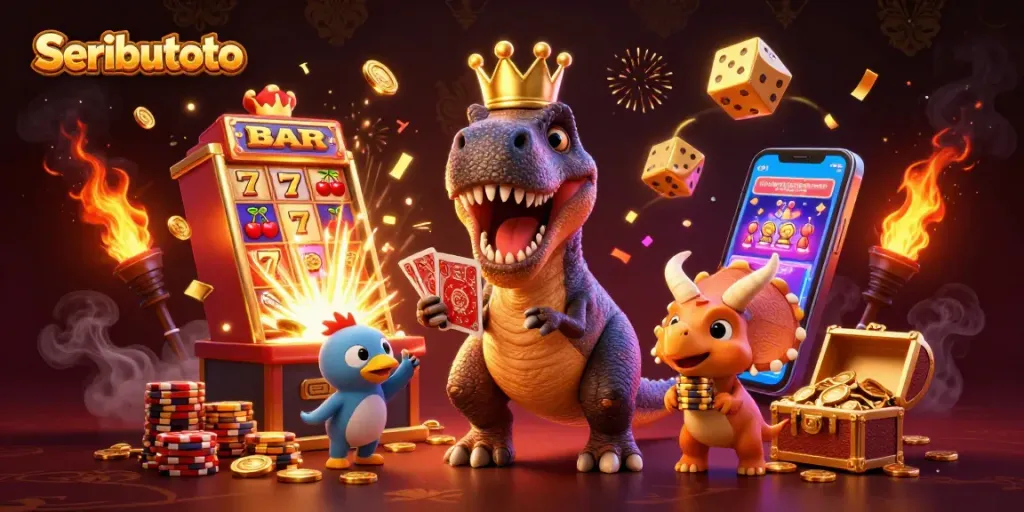Seributoto showcases a vibrant casino scene with a playful T-Rex shuffling cards and a baby triceratops stacking chips.
