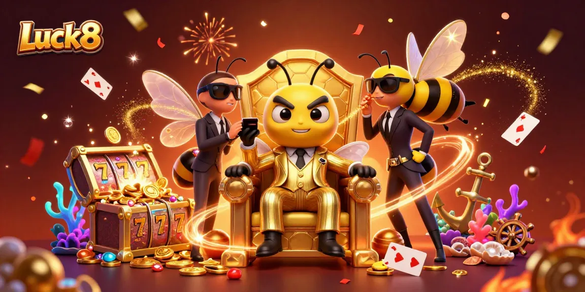 Experience the excitement of casino games with Luck8's dynamic scene featuring a bumblebee mob boss surrounded by slot reels and winner elements.