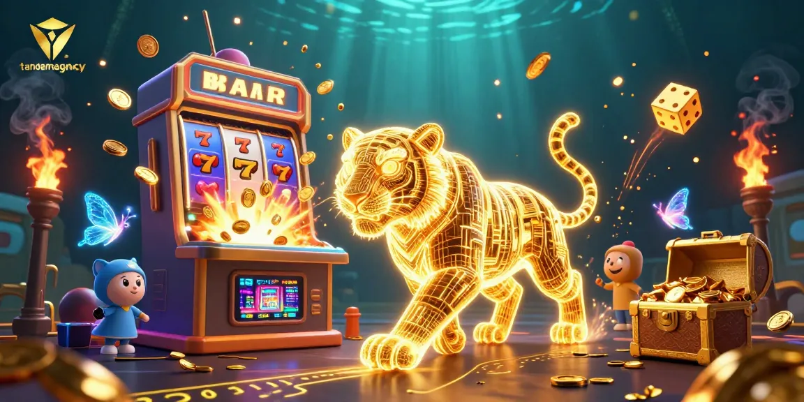 Tandemagency showcases an exciting digital casino scene with a golden tiger and illuminated slot machines.