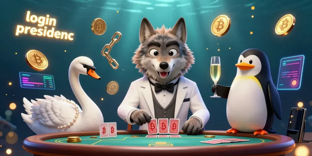 Experience thrilling Baccarat at PRESIDENCC with engaging characters and vibrant crypto elements in the scene.