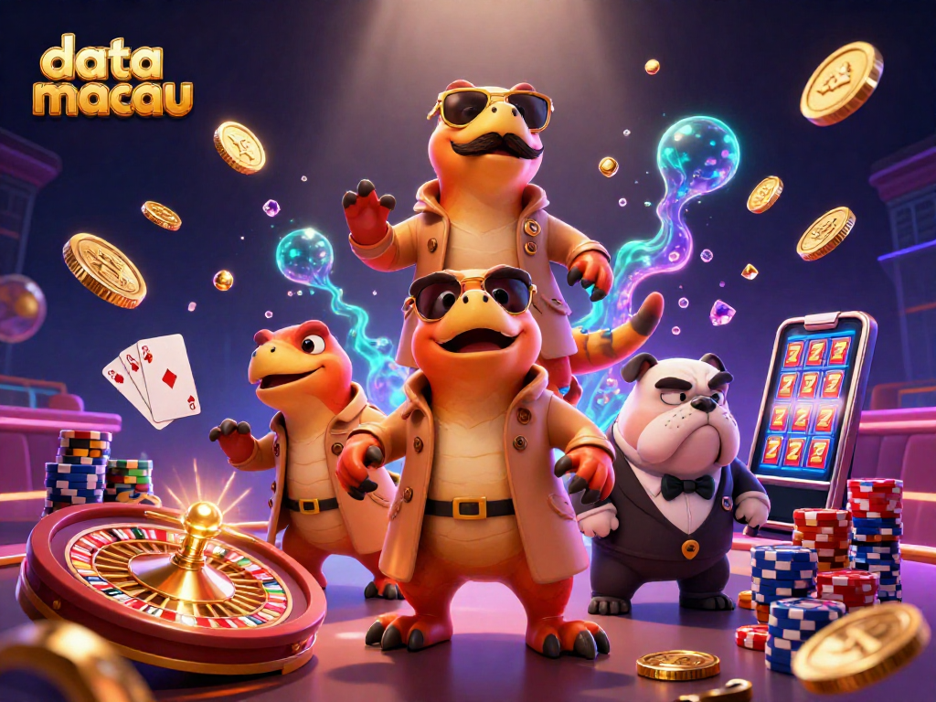 Engage in thrilling data macau gaming, featuring raptors at a VIP lounge with iconic casino elements.