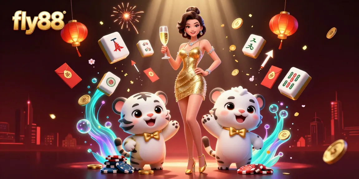 Experience the thrill of fly88 with a glamorous woman and a lucky tiger in an engaging casino setting.