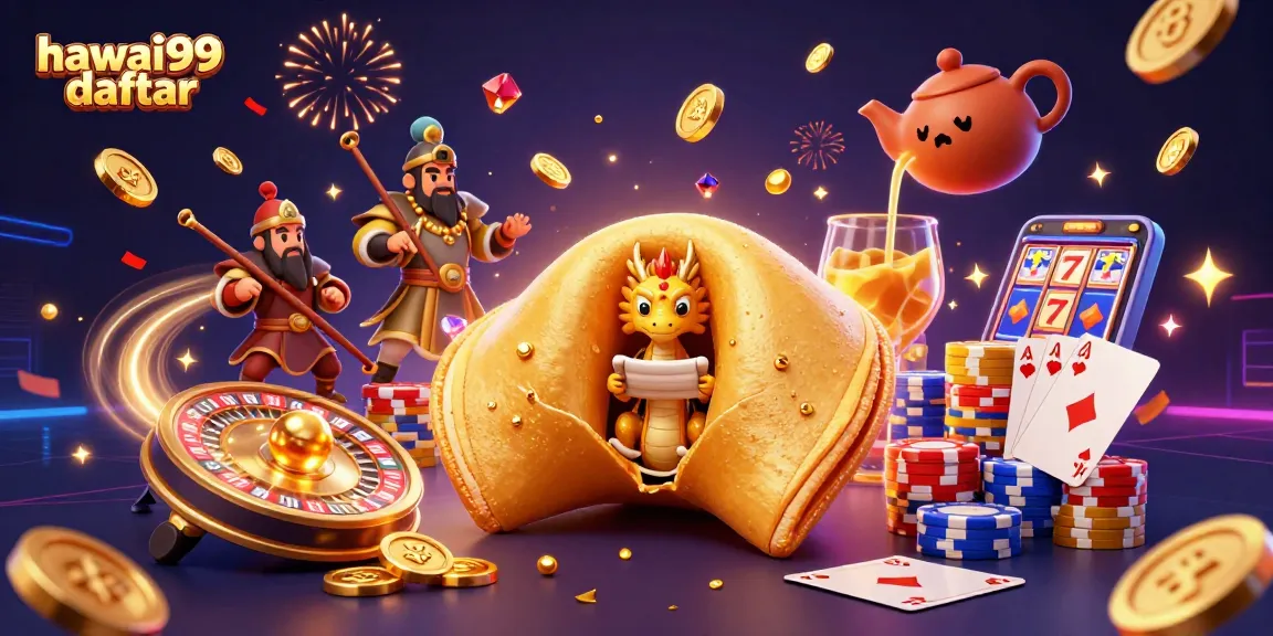 Experience the excitement of hawai99 daftar with golden coins, slot machines, and vibrant characters in a captivating casino illustration.