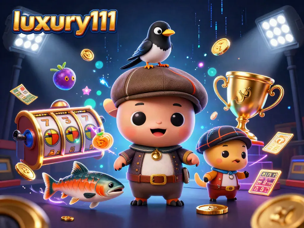 Experience thrilling wins with luxury111, featuring cartoon Nessie with vibrant casino symbols.