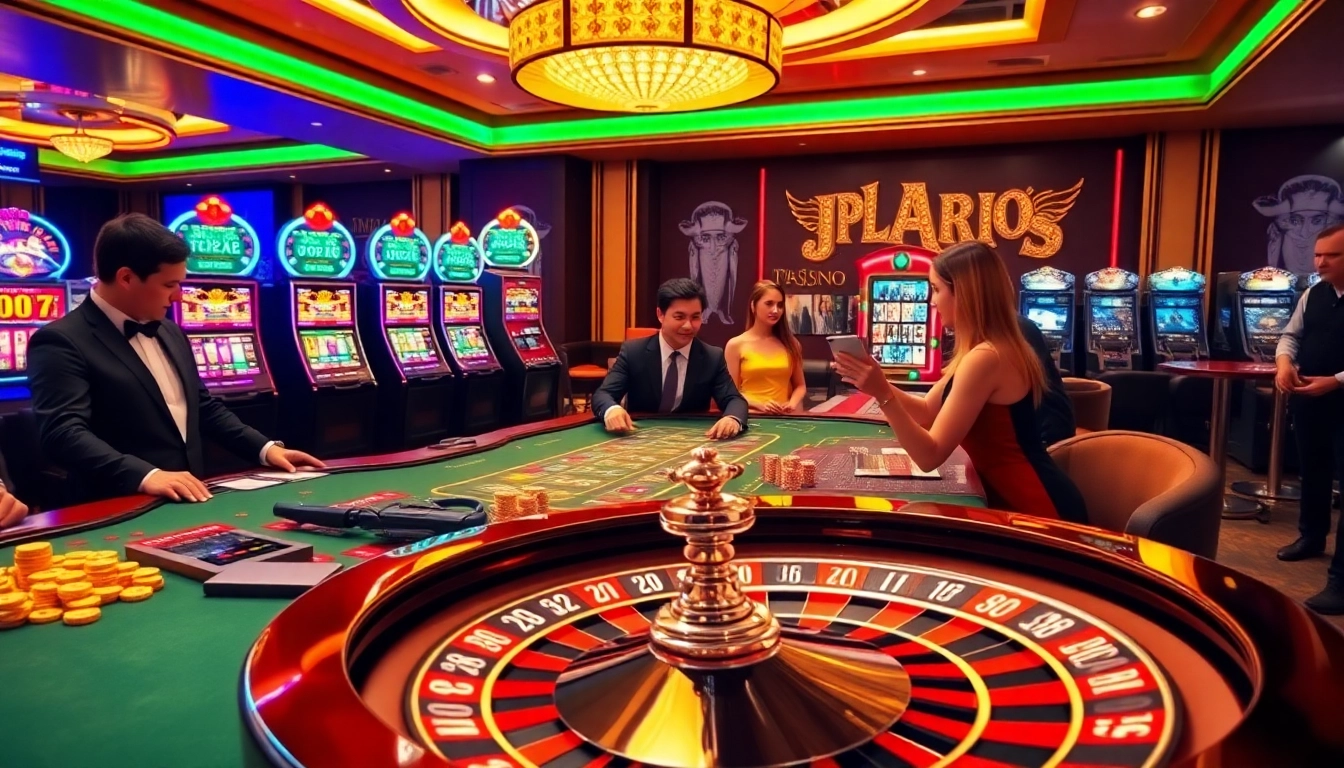 TG88 win casino scene highlighting an engaging gaming table, vibrant slot machines, and excited players.