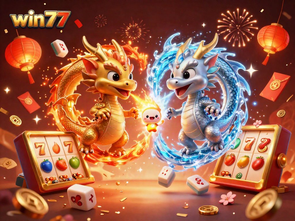 Menangkan hadiah melimpah dengan win77, ilustrasi kasino yang menakjubkan dengan naga dan elemen permainan.