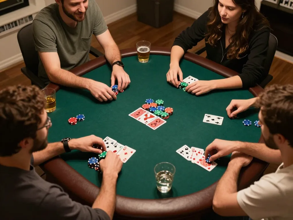 IDNSCORE home poker game showcasing friends engaged in strategic gameplay with chips and cards.