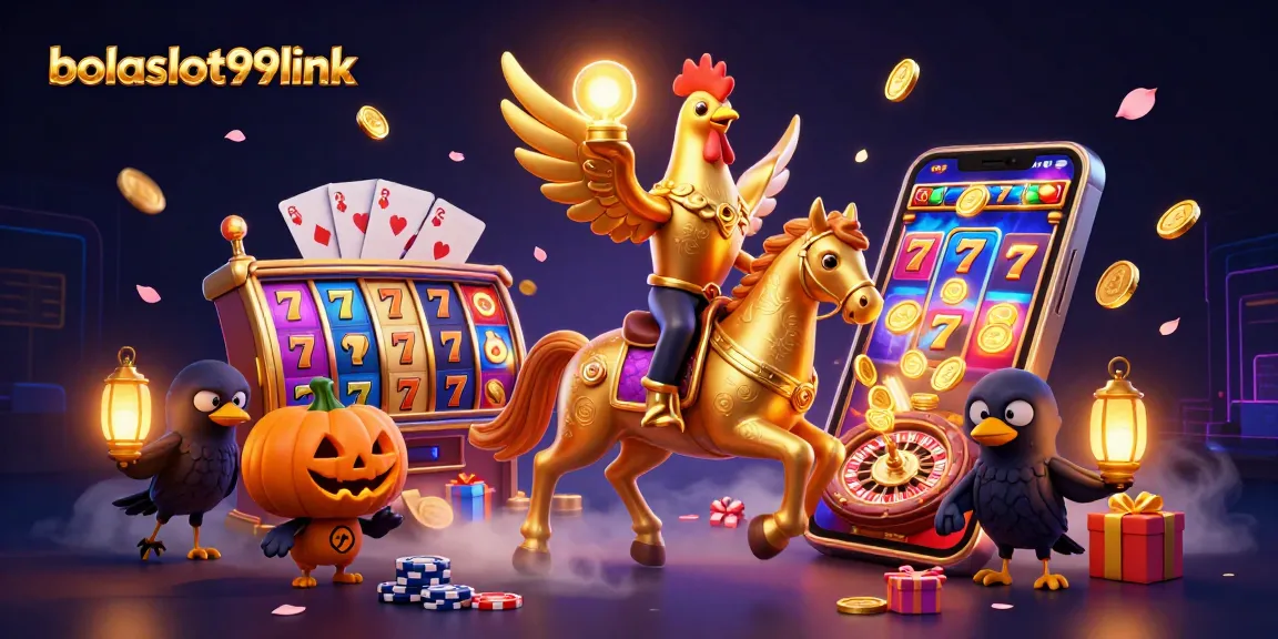 Experience thrilling slots with bolaslot99link, as golden rooster and companions illuminate the casino.