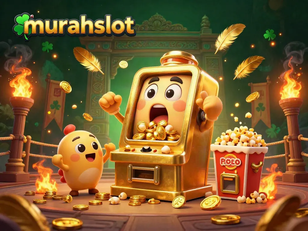 Win big with murahslot's golden slot machine celebrating its jackpot amidst cheering machines and golden coins.