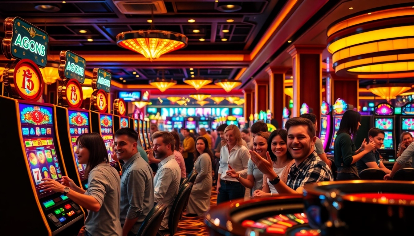 Excited players engage with jagoan86 slot machines in a vibrant casino setting.