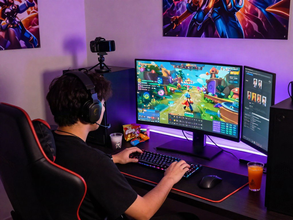 Gamer menikmati pengalaman bermain yume toto dengan antusias di ruang permainan berwarna-warni.