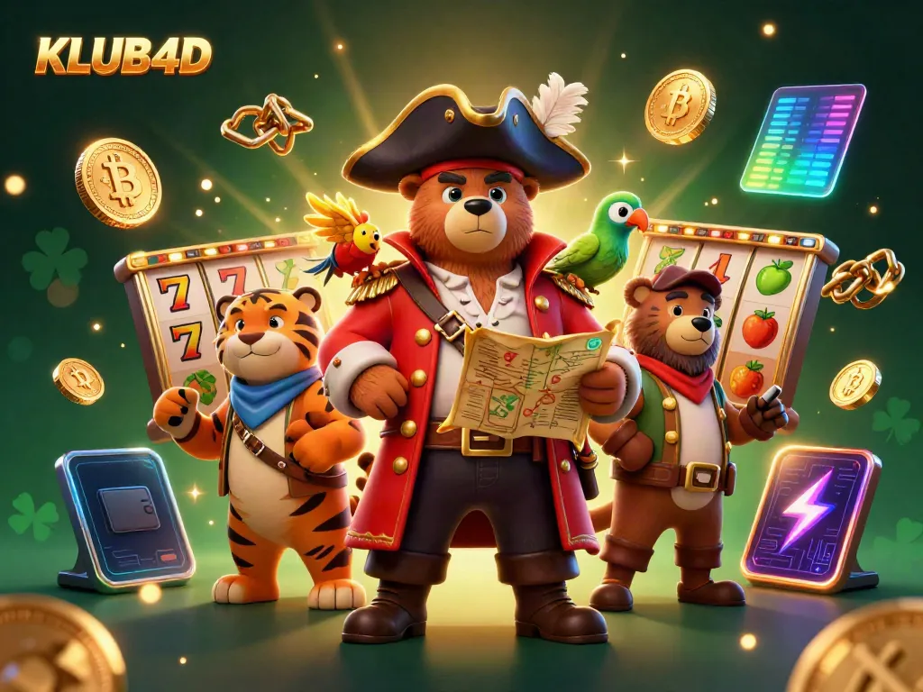 Gali kemenangan di KLUB4D dengan karakter kartun dan elemen slot dalam ilustrasi 3D yang menarik.