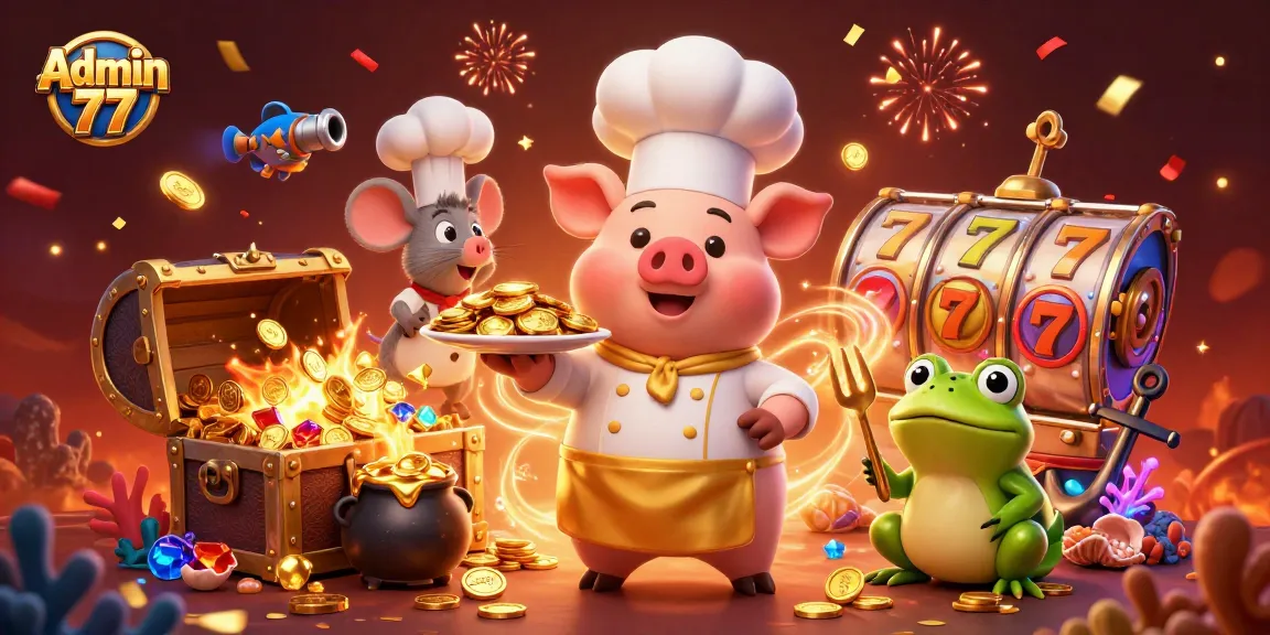 Spin to win with Admin 77 as chef pig serves gold coins in an immersive casino scene.