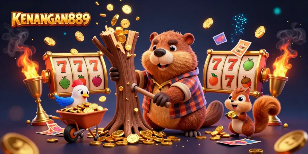 Engage in exciting gameplay with KENANGAN889 as a beaver mascot chops a tree for coins in a vibrant casino scene.