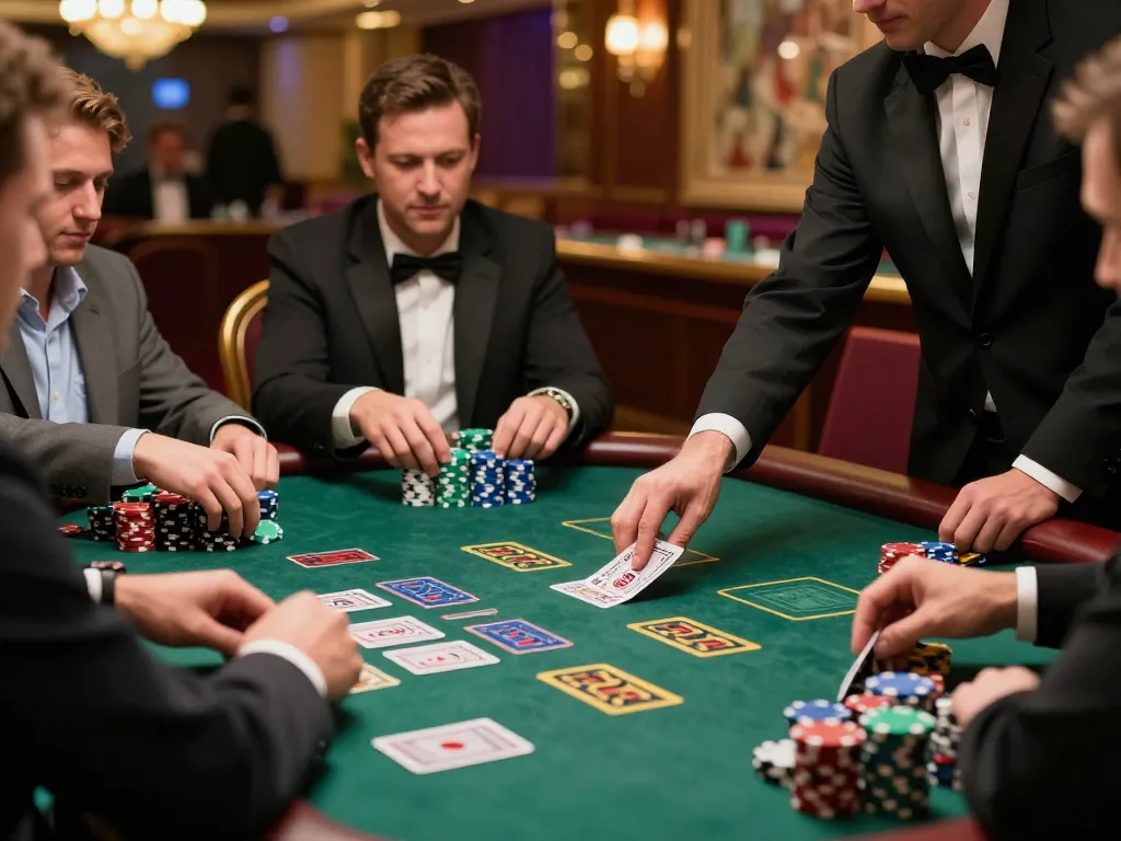 KADAL 778 engaging scene at blackjack table with players strategizing bets and colorful chips.