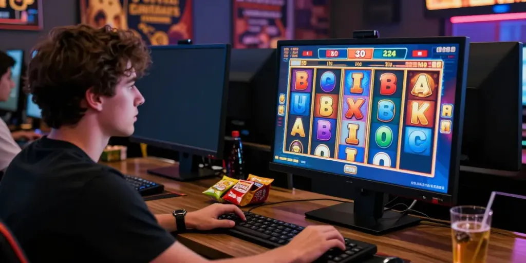 NAGAHOKI303: Pemain slot online terlibat dengan tampilan reel yang berputar dan grafik warna-warni.
