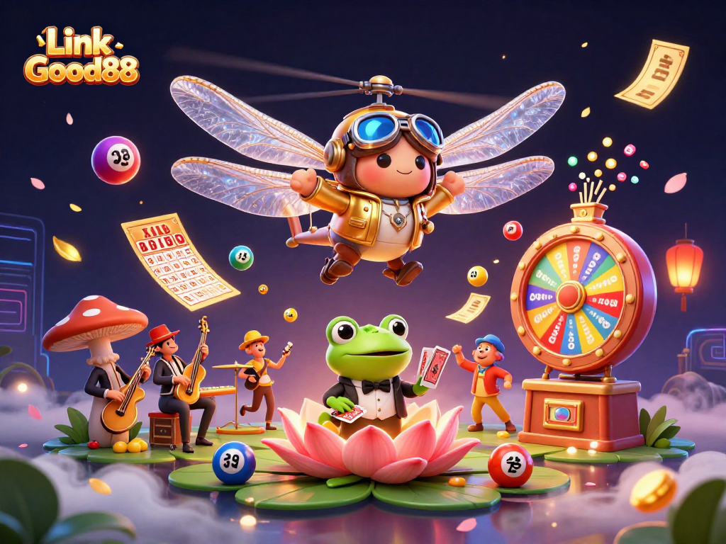 Play at Link Good88 with a vibrant casino scene featuring a frog croupier dealing cards.