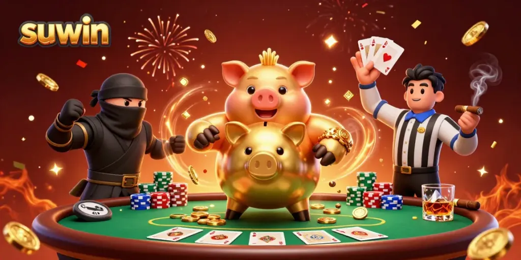 Experience winning moments with suwin in this vibrant 3D casino scene filled with gold coins and poker excitement.