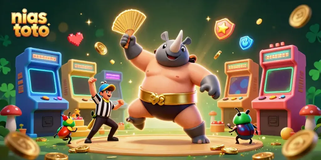 Menyaksikan nias toto, kejuaraan sumo kumbang badak dengan koin emas terbang di sekelilingnya