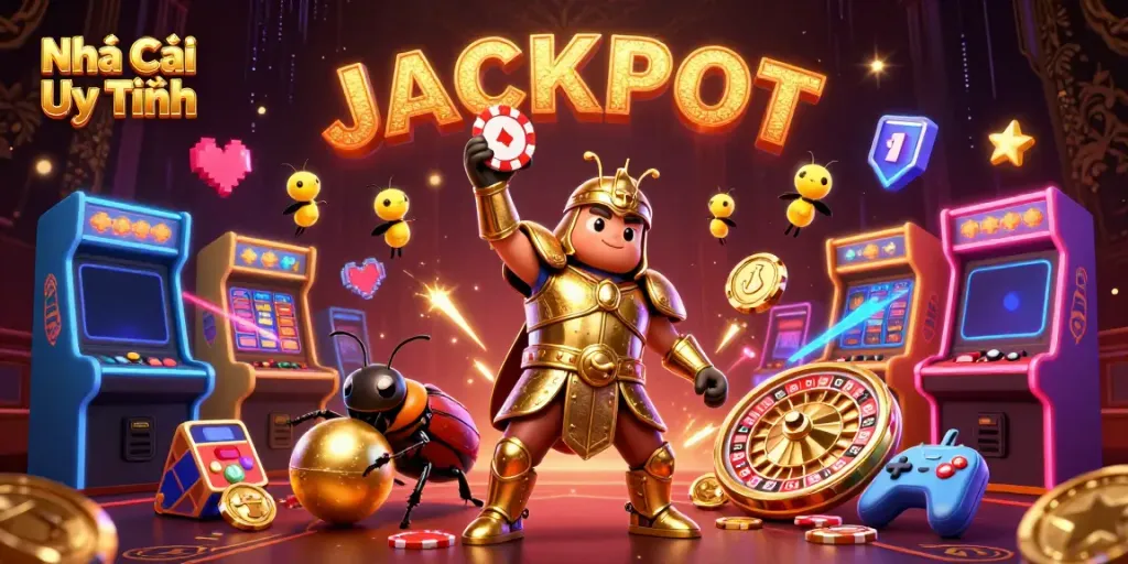 Engaging scene with "Nhà Cái Uy Tín" exuding excitement through vibrant characters celebrating wins in a dynamic casino-themed illustration.
