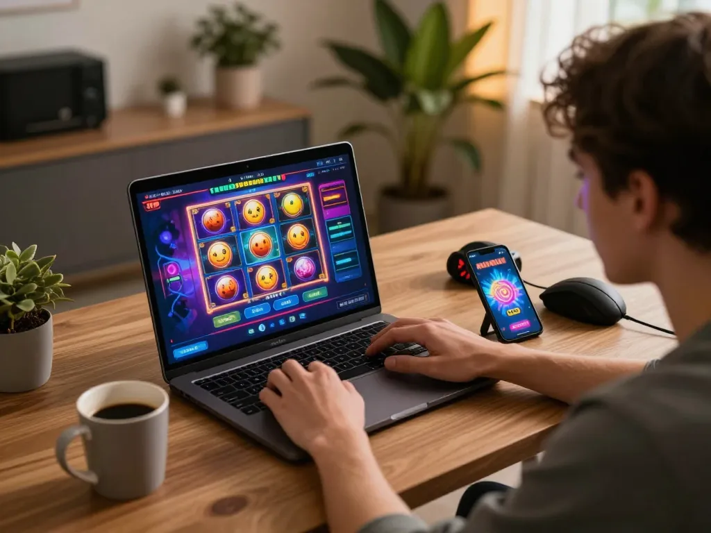 Player engaging in dynamic online casino gameplay, exploring situs slot gacor options on laptop, showcasing immersive gaming experience.