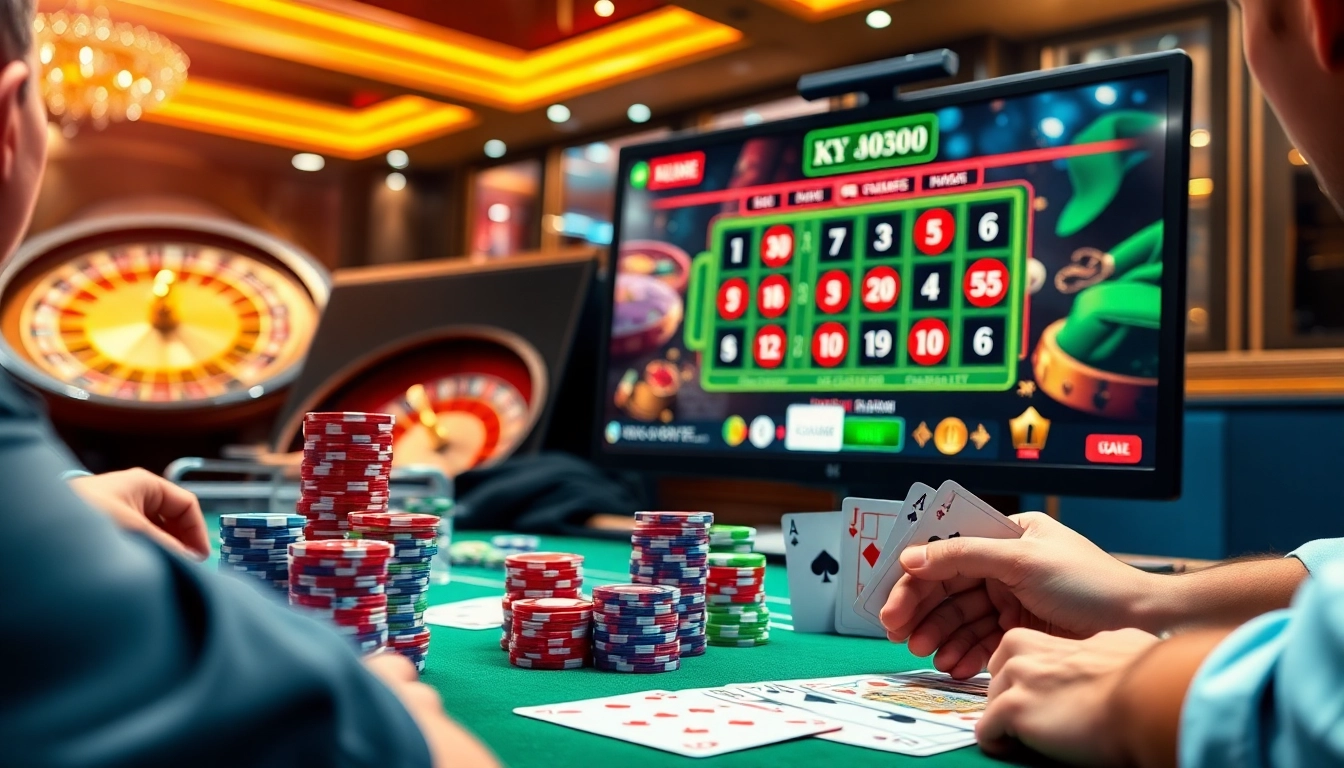 Experience the intensity of poker online with players strategizing at a virtual table filled with chips and cards.