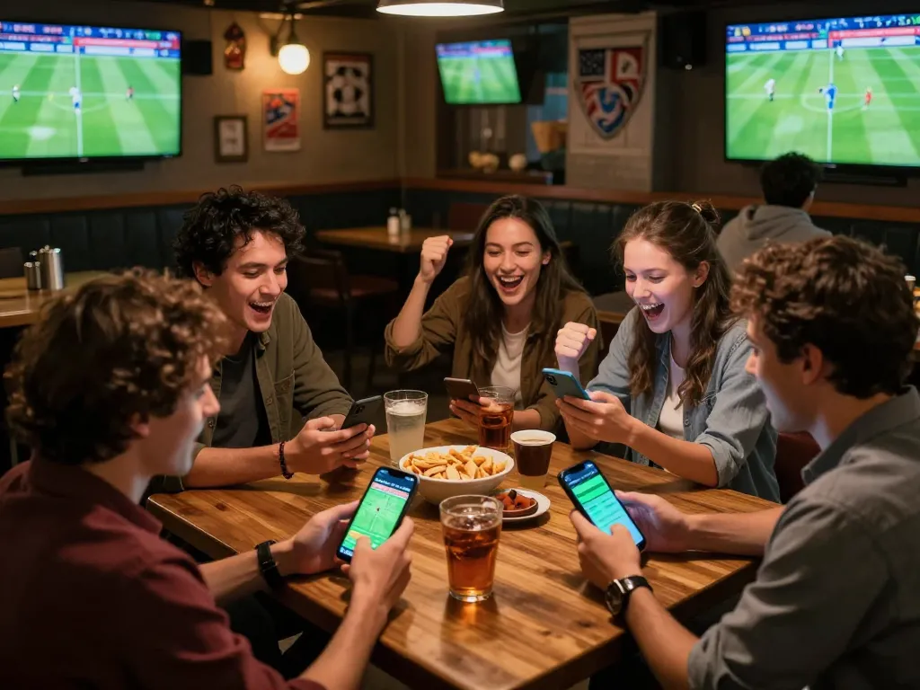 Socolive trực tiếp betting experience with friends celebrating a soccer match at a lively sports pub.