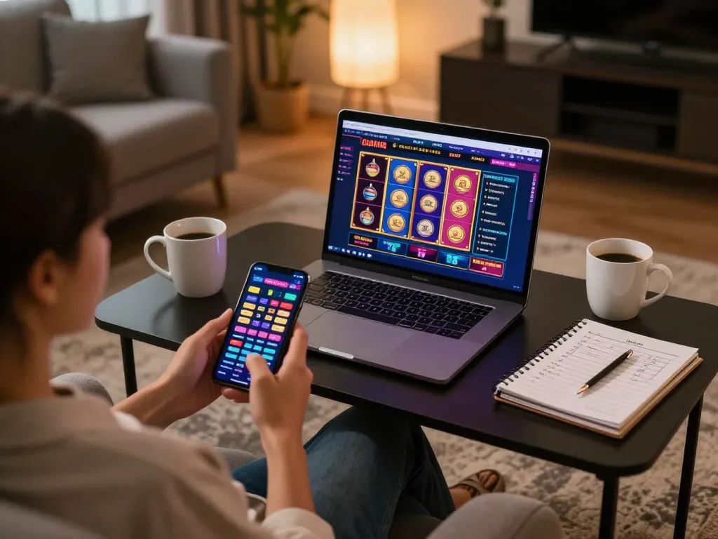 Engaged user on janadenole checking online casino interface with laptop and mobile device.