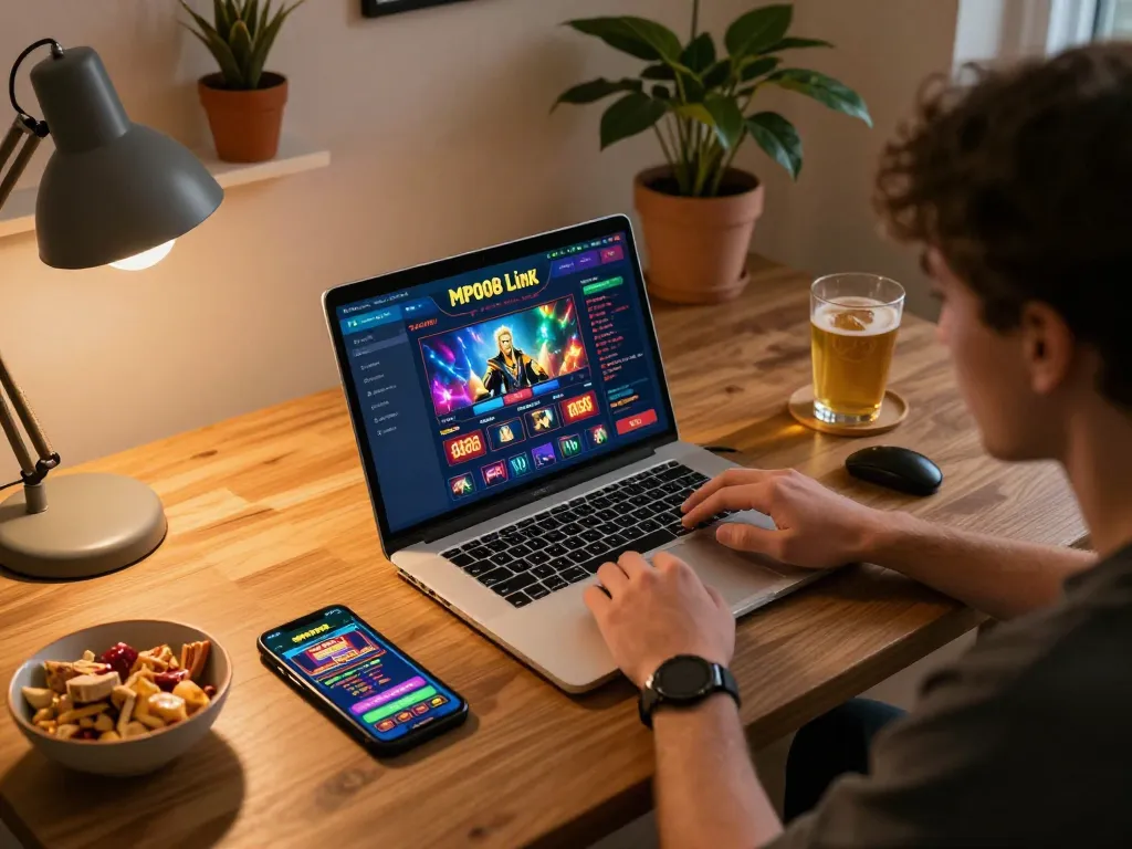 MPO08 Link displayed on a laptop screen while player engages in strategic online betting, cozy home gaming setup