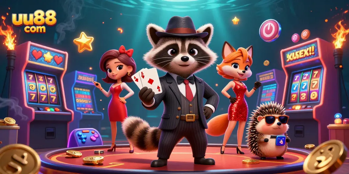 Play slots and win jackpots with uu88 com in this vibrant casino scene featuring a charming raccoon.