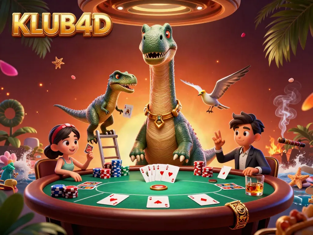 Menangkan permainan KLUB4D dengan ilustrasi kasino yang menampilkan dinosaur dan kartu poker.