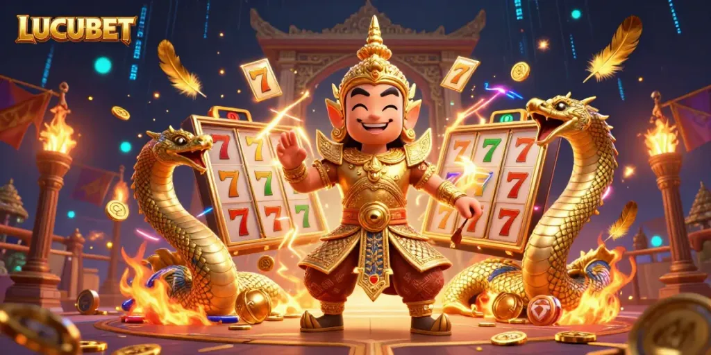 Experience the thrill of LUCUBET with a vibrant scene featuring a mythical guardian and dynamic slot game elements.