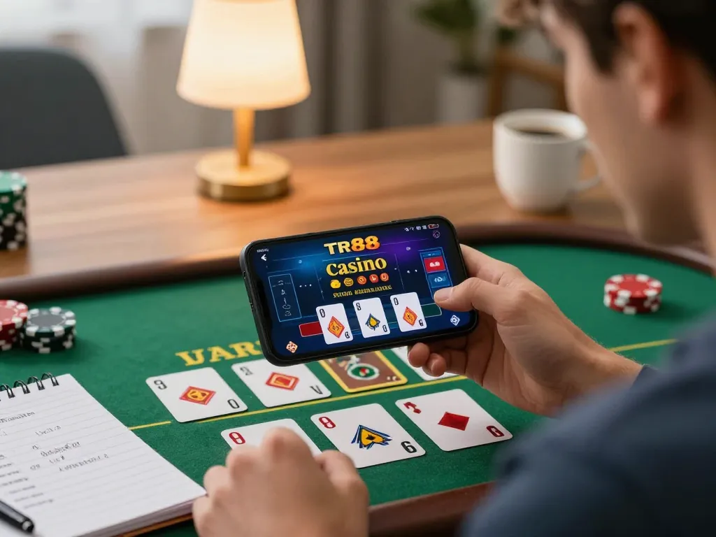 Player enjoying TR88 live blackjack on smartphone, engaged in dynamic gameplay at home.