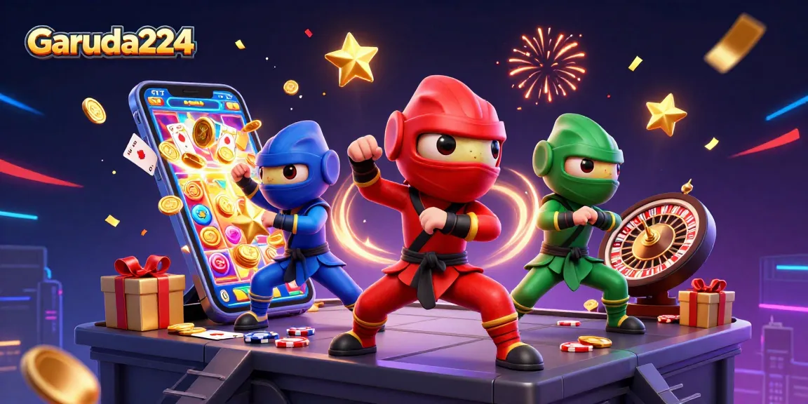 Engage with Garuda224 slot games as ninja chameleons entertain in a vibrant casino scene.