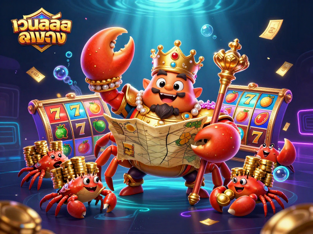Experience the thrill of เว็บสล็อตตรง with a golden crab emperor and exciting casino elements in a vibrant scene.