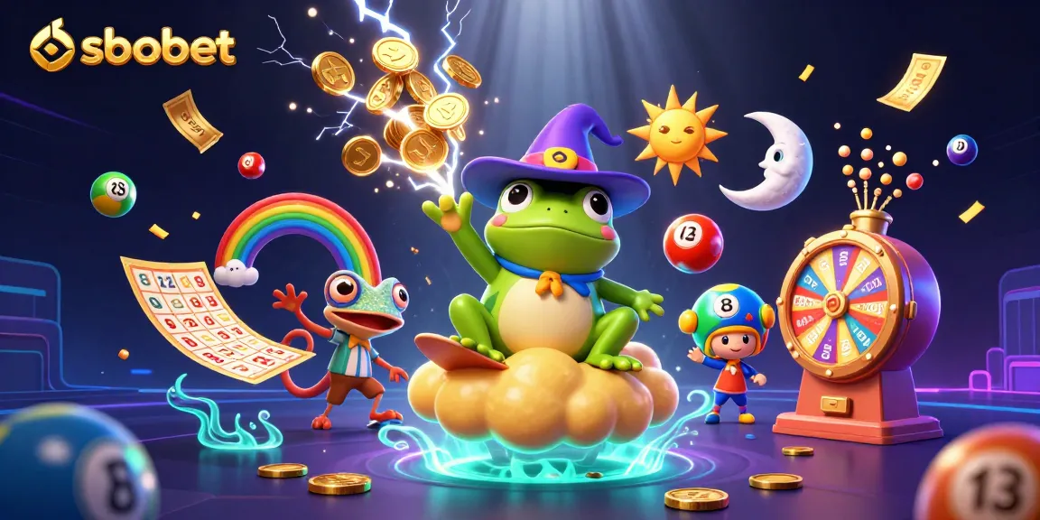 SBOBET sports betting adventure featuring a wizard frog and chameleon amidst golden coins and vibrant lottery elements.
