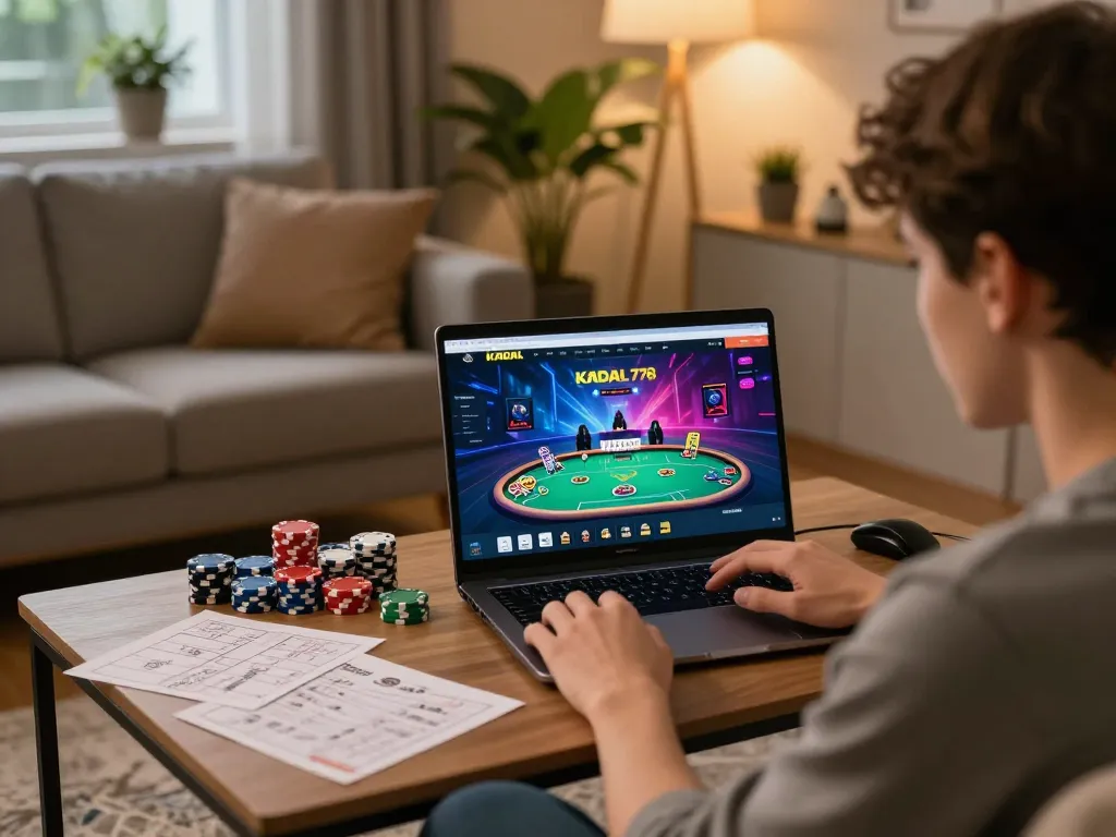 KADAL 778 player focused on a laptop for online poker, showcasing an engaging gaming experience.