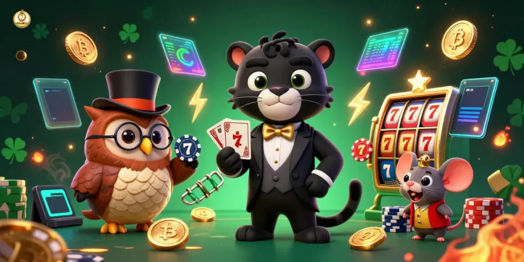 Engaging scene of stylish panther, owl, and mouse in casino setting, showcasing the "trang chủ" brand.