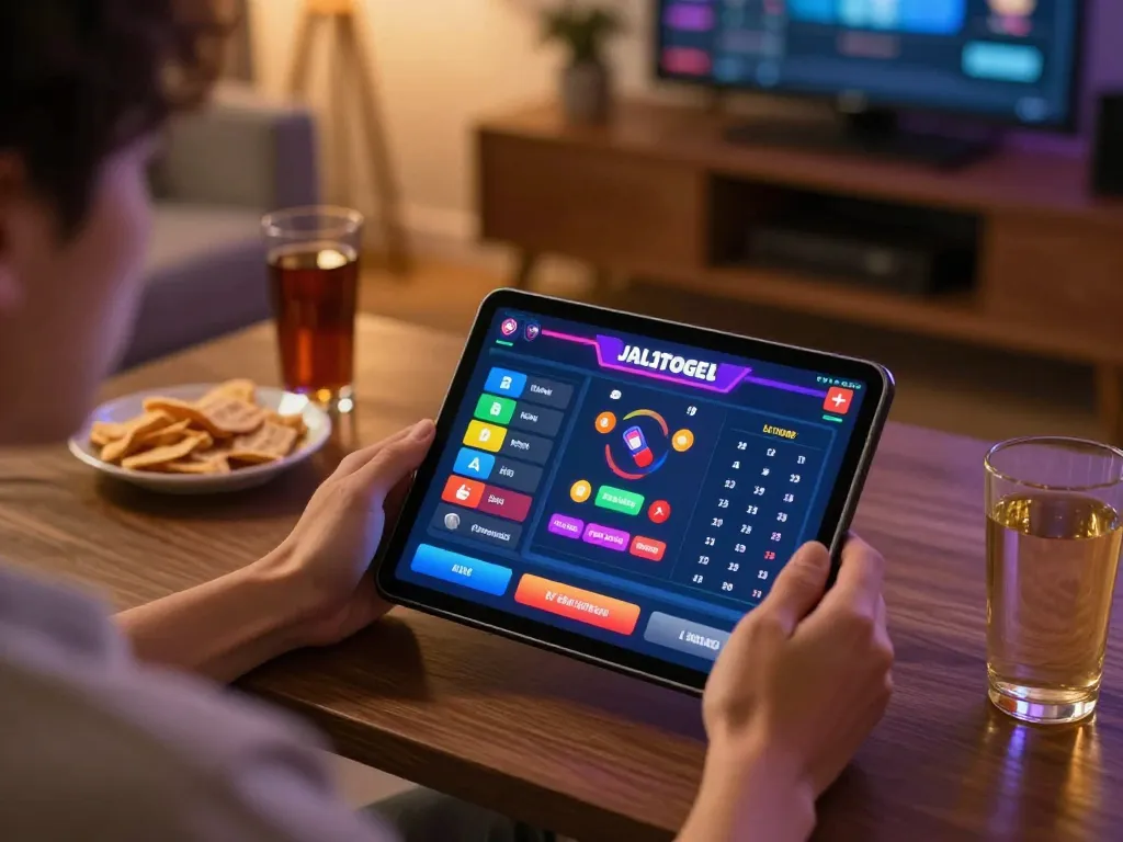 Pemain berinteraksi dengan antarmuka taruhan Jalatogel di tablet di rumah, menikmati pengalaman perjudian online.