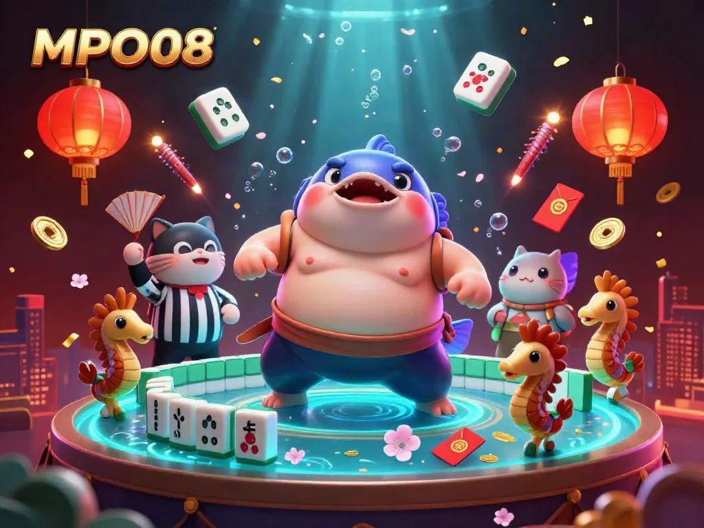 Engage with MPO08 through a vibrant underwater casino scene featuring a fugu in a sumo belt.